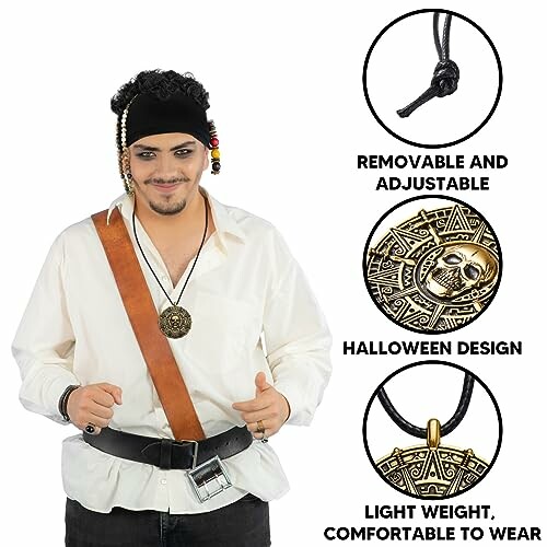 Man in pirate costume with pendant and features highlighted: removable adjustable string, Halloween design, lightweight.