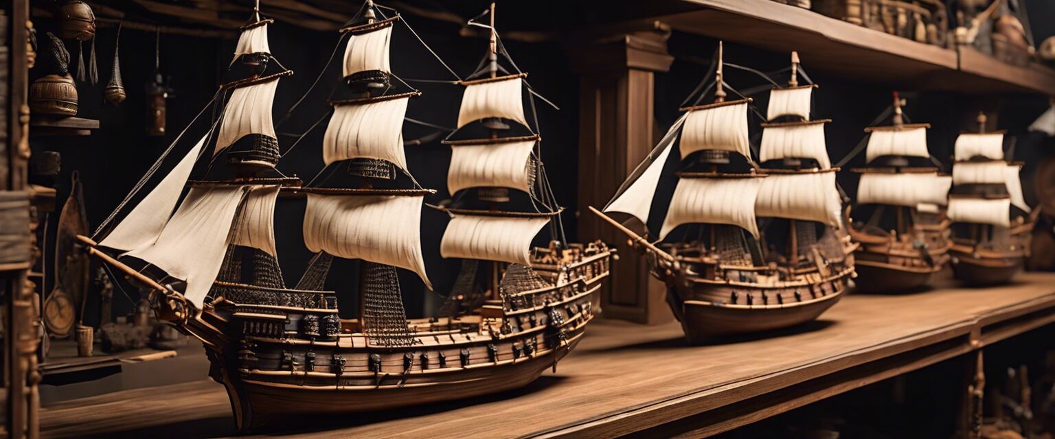 Collection of pirate ship models on display.